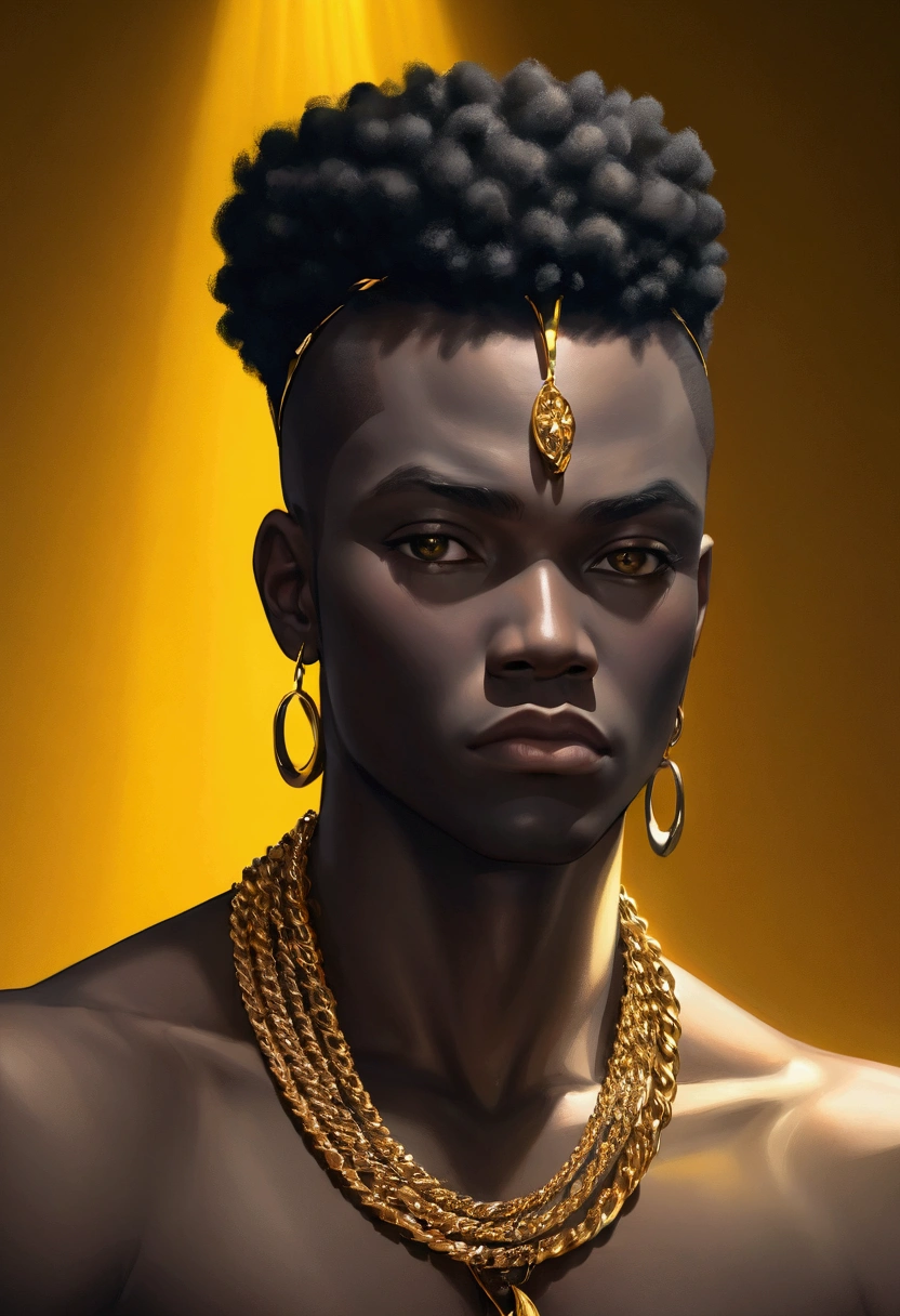 A black man wearing flashy gold Chains, flamboyant clothing, detailed fashion, dramatic pose, dynamic lighting, striking colors, vibrant, high contrast, meditative mood，Superb composition，Elegant and simple background，(masterpiece), best quality,((Inspired by: Gerard Sekoto)),