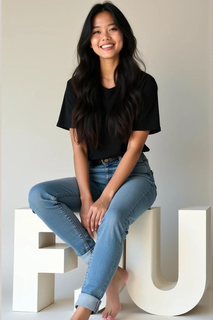 White girl with long black hair, very happy, with black t-shirt and jeans, sitting on some big letters that say FJU in white