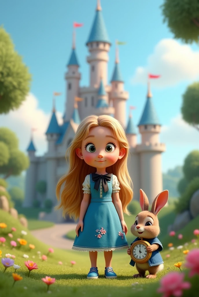 The image features a child character with long, blonde hair., wearing a blue dress with white details and a black bow. She is standing next to a white rabbit in clothes holding a clock.. The character shows off her blue shoes, that complement your outfit. Ao fundo, there is an enchanted castle with towers and flags, set in a lush green environment with flowers. The scene conveys a magical and playful atmosphere, typical of fairy tales. Real 3d pixar image