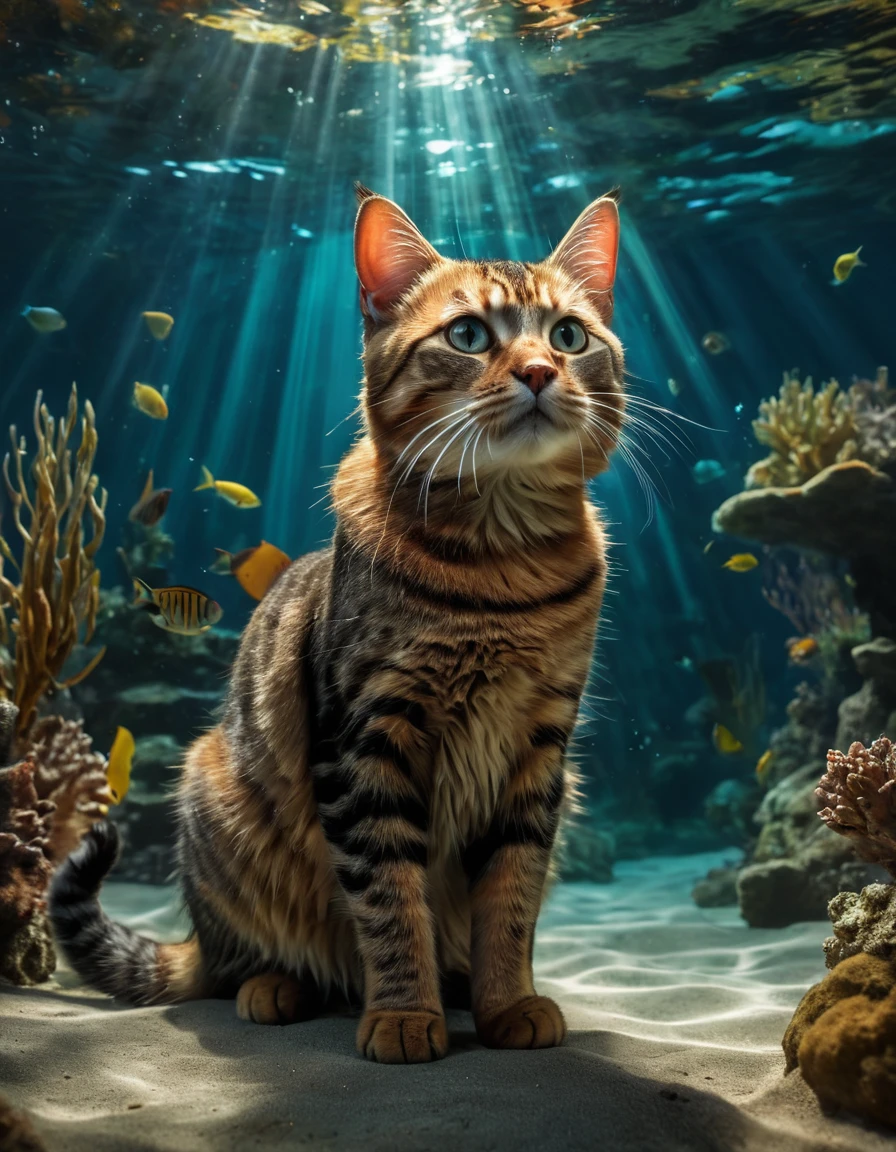 Full body Adventures underwater of a beautiful cat, expressive eyes, 3D efect, centered, symmetry, painted, intricate, volumetric lighting, beautiful, rich deep colors masterpiece, sharp focus, ultra detailed, in the style of dan mumford and marc simonetti, astrophotography