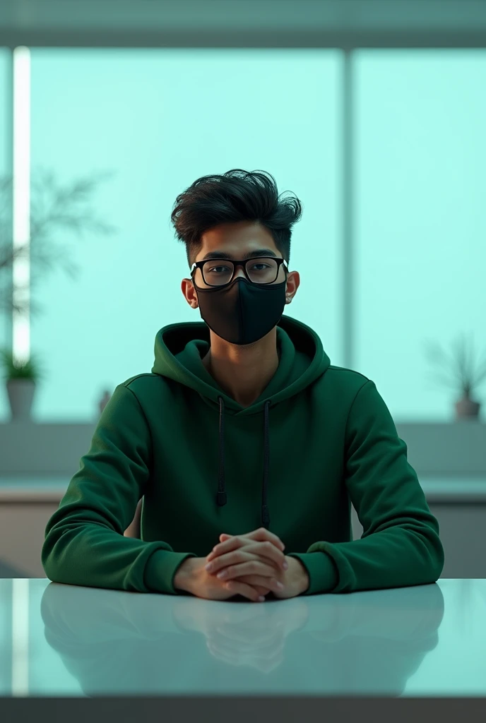 (I strongly recommend you edit this prompt to get better result.) indian a 20-year-old friendly-looking man sitting behind a desk in a futuristic studio, face black mask and glasses wearing a green hoodie. window background, smooth, soft, ultra-sharp, detailed, looking straight forward, centered in the image, straight, front-facing a camera.