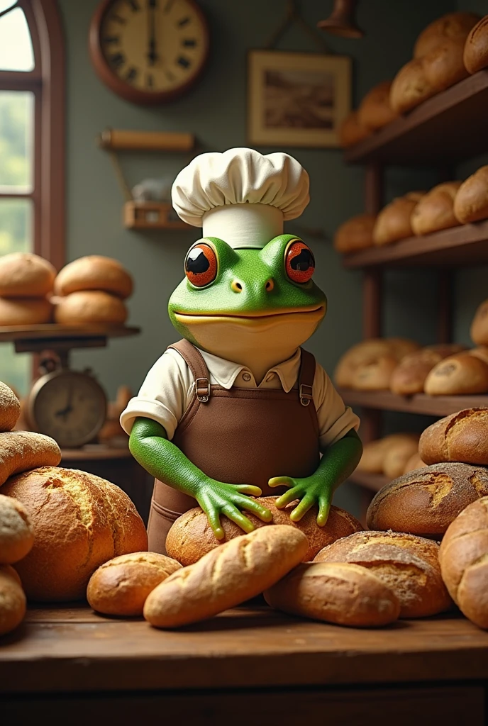 Retro Images，Storytelling，Tree frog，Ultra-realistic，high resolution，Frog is a baker，There&#39;s a lot of bread in the store