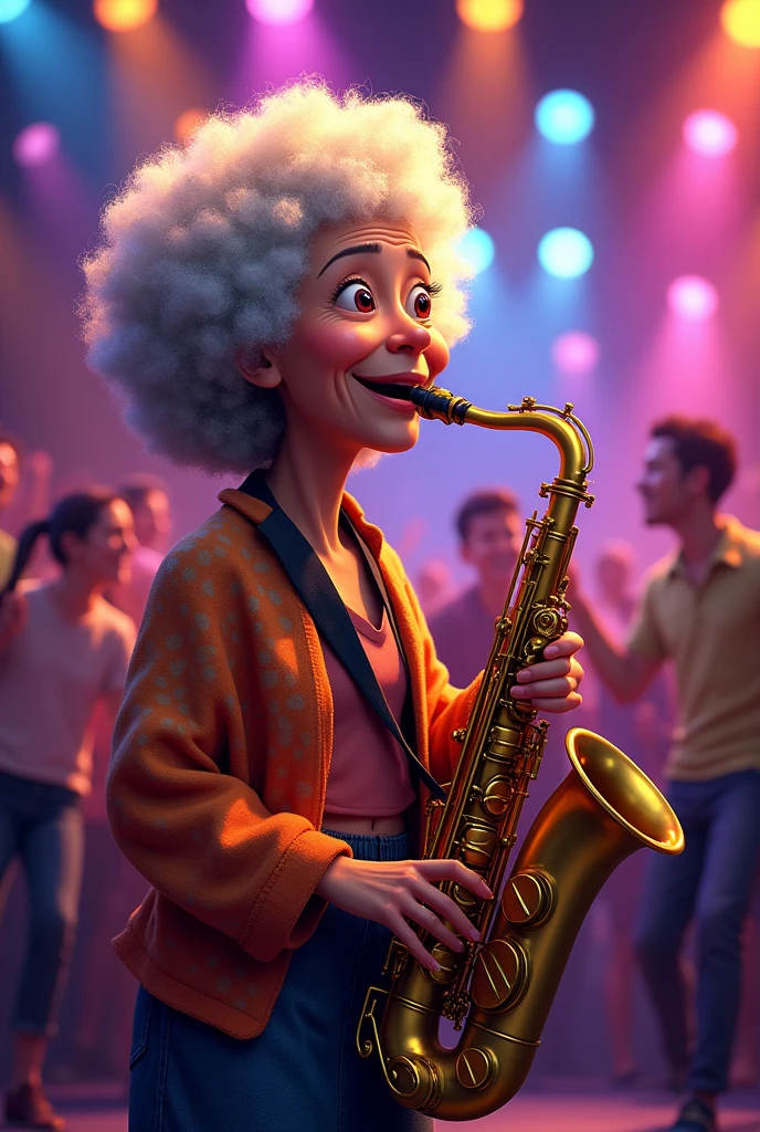 An elderly Japanese woman with a voluminous afro and a warm smile is playing the saxophone,Background of audience dancing at live music venue, Pixar.comics