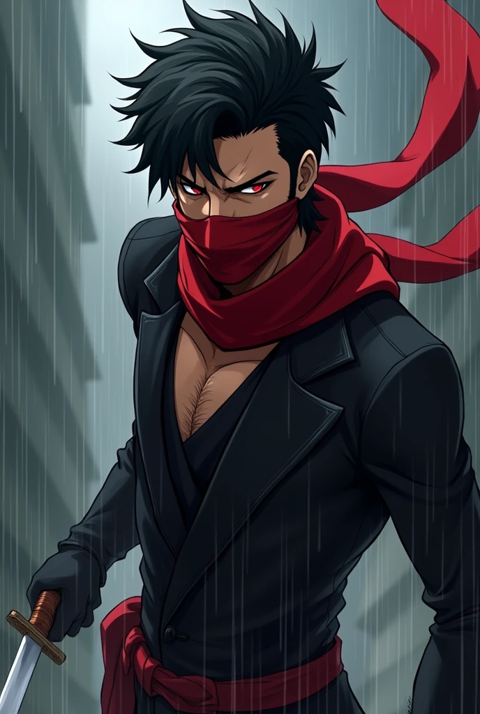 An anime character;
A man with brown skin, Bblack hair, Eyes red, short beard.
Uses a look mixed between ninja and assassin, black color with a long red scarf hiding her mouth and nose.
holding a knife.
in an attack pose.
background a rainy weather.