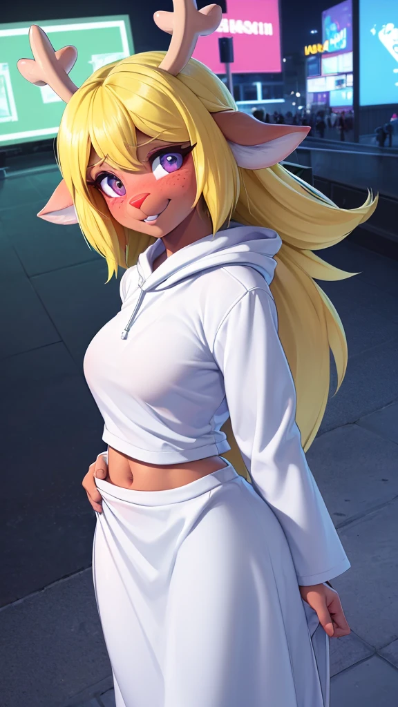 (noelle, furry female anthro, blonde hair, deer girl, red deer nose, white eyes, white pupils, white robe, hooded robe, big breasts, midriff), hands on hips, green neon city, smiling, three-quarter view, blushing