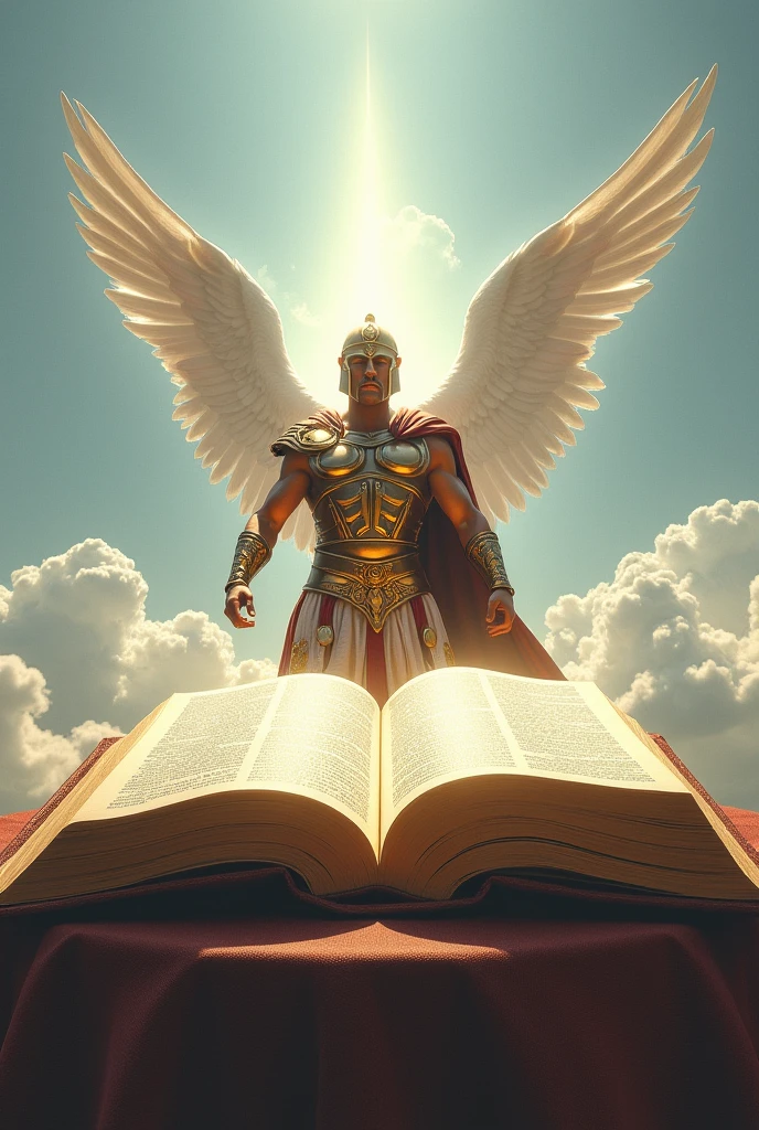 A giant open bible, a Spartan warrior with a helmet in the middle and angels in the sky and above the bible, light blue background
