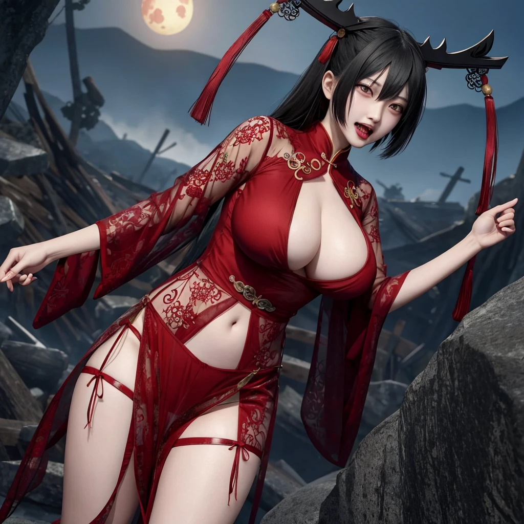 zombie,Chinese style,No underwear,Large Breasts,Showing chest and legs,deep mountain,fangs,blood,Transparent clothes,bulge