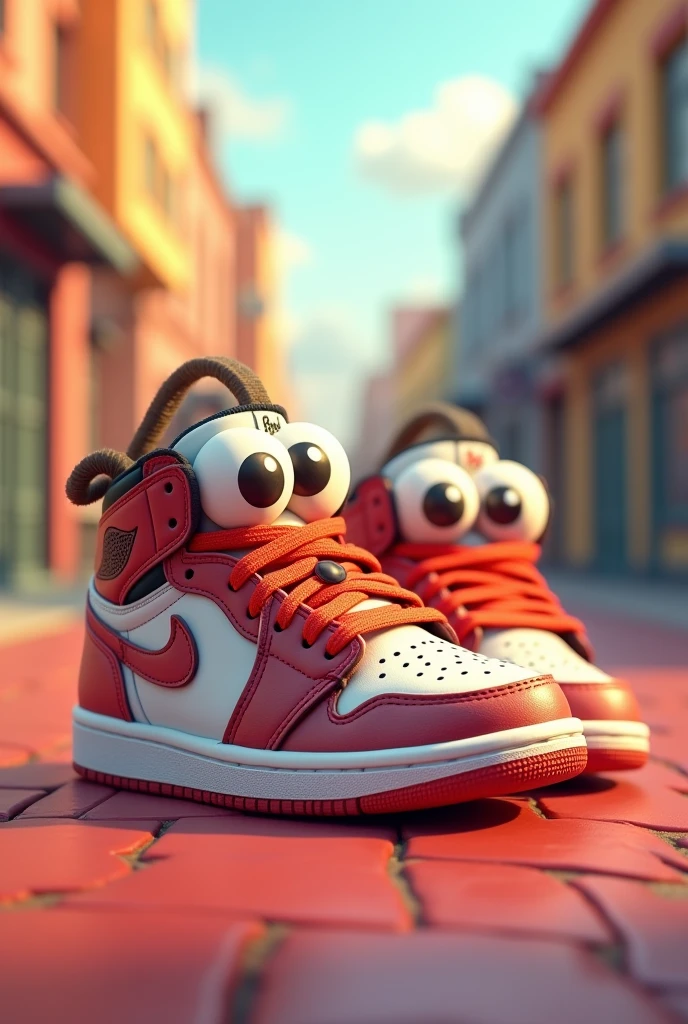 Generate a picture of Shoe with eyes on sides and lips smiling (Jordan shoes) (for kids)
