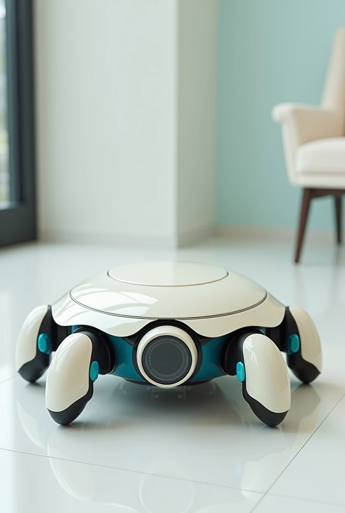 robot aspirateur avec 4 jambes, ressamblant à une tortue, couleur principale ivoire et décorations bleues, 40cm de haut

