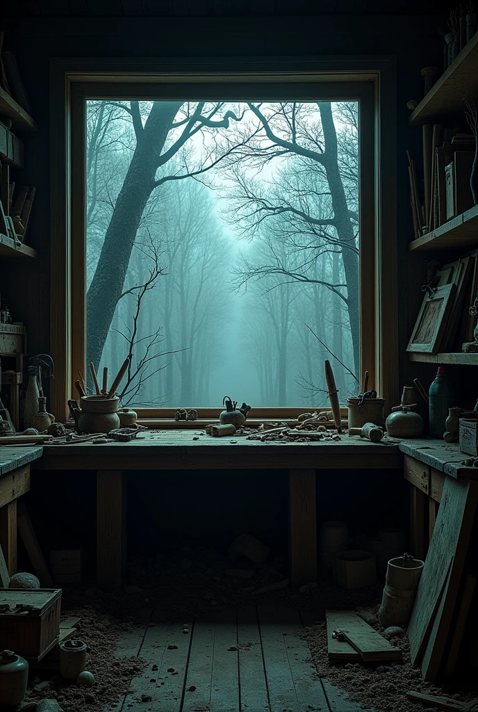 A spooky wood workshop, with a window behind the workbench. View slightly oblique and in landscape format 