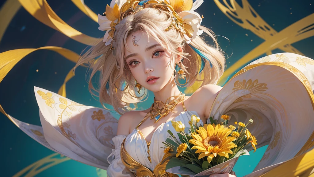 32K, 最高quality, 最高masterpiece, (ultra-Detailed Background, Detailed Background), High resolution, Super detailed, Very detailedな, 1 personの, (bouquet:1.3), (Tangled:1.2), (Geometric:1.2),(colorful),(masterpiece, quality, best quality, Official Art, Beautiful and beautiful:1.2), (1 person:1.3), Very detailed,(colorful:1.1)(Flowers:1.3),Most detailed,(Tangled:1.2), whole body, (Abstract background:1.3), (Skin glows), (Many colors:1.4), ,(Earrings Jewelry:1.5), Pale yellow background, It's imaginative., Milk tea colored hair, Updo,