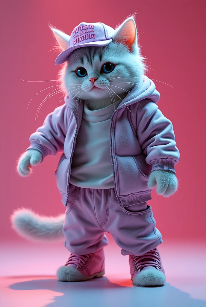 A cool and cute male cat is dressed as a kpop dancer and standing on the floor dancing。 The hat says "wish look like JIMIN"。
The hair color is silver