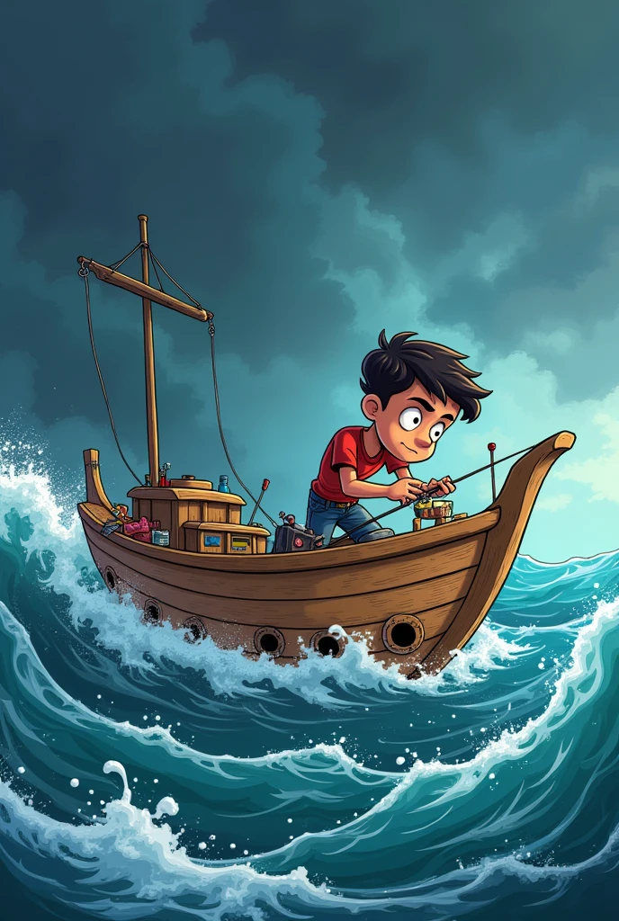 cartoon illustration of a young man patching up many holes in the hull of his small boat in the middle of the ocean due to a storm