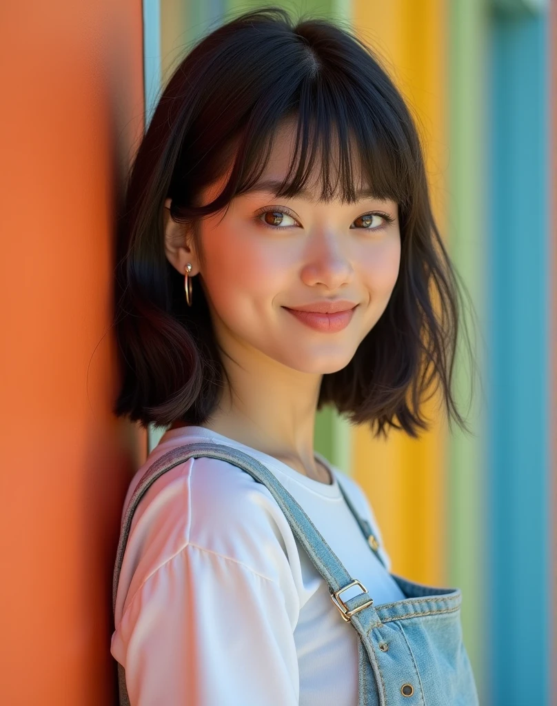 RAW photo, best quality, masterpiece, photorealistic, Polish girl, 20 years old, black hair, Light grey eyes, short bob cut, hair in 7 thirds, hair over one ear, Symmetrical eyes, pale skin, Big Breasts, rip gloss, Wearing light blue ASICS sneakers, full body, photographed in front of colorful stylish exterior wall, smiling, sunny, outdoors, detailed background shot, model-like pose, summer, sunlight, colorful stylish outfit, pale skin