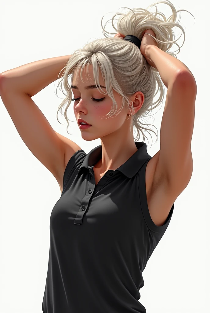((Masterpiece)), ((high quality)), 1girl, teenager, slim, white curly ponytail hair, messy hair, closed eyes, sleeveless black polo shirt, biting lip, typing her hair up, arms tying hair, sweaty, sweating, sweaty bod, sweaty armpits, white bckground,