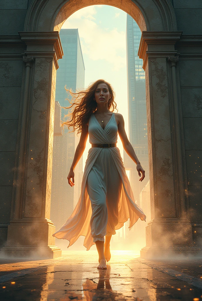 Woman leaving a portal towards the present with satisfaction 