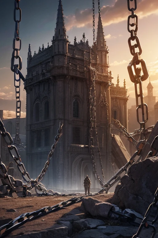(chains:1.5), Chain world. A world made of chains. Chains are everywhere, titan bound in chains. chained like prisoners and slaves. Chains, titan l god with chains, created in a medieval city, in the Gothic style, giant chains,