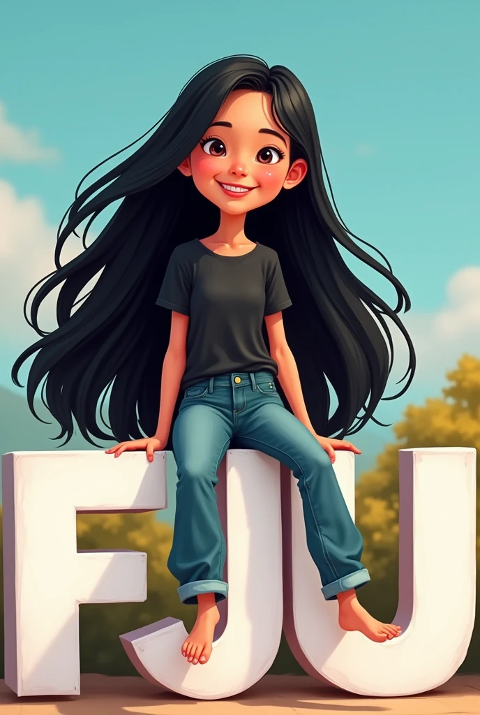 Pixar style Black haired girl with long black hair, very happy, with black t-shirt and jeans, sitting on some big letters that say FJU in white