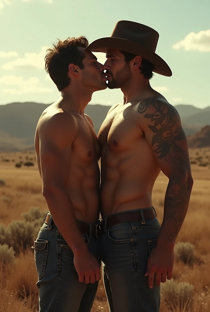 Breakback Mountain, the western United States, the complex relationship between love and between two men, Heath Ledger, Jack Glenho, working on the farm, handsome, cowboysexy triangle thongs, more details, background scaing 1.8 HD 8k real photos! Sex. Ch muscles! Chest hair! tattoo. white hair Smoke, movie feeling! Movie lights! Award-winning poster Ambiguous and teasing Western cowboy dress up。Close-up multi-angle shooting。The close-up of the protagonist!!!kissing