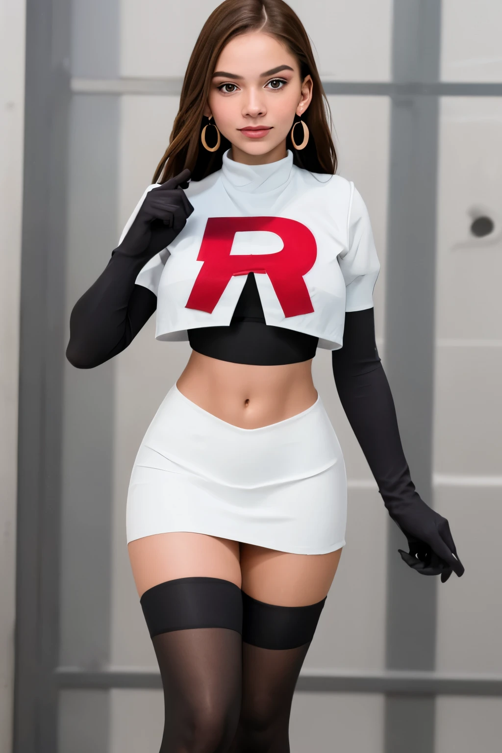 The face of Olivia Rodrigo, 1girl, solo, team rocket,team rocket uniform,white skirt,red letter R,crop top,black thigh-highs,black elbow gloves, earrings, large breasts,