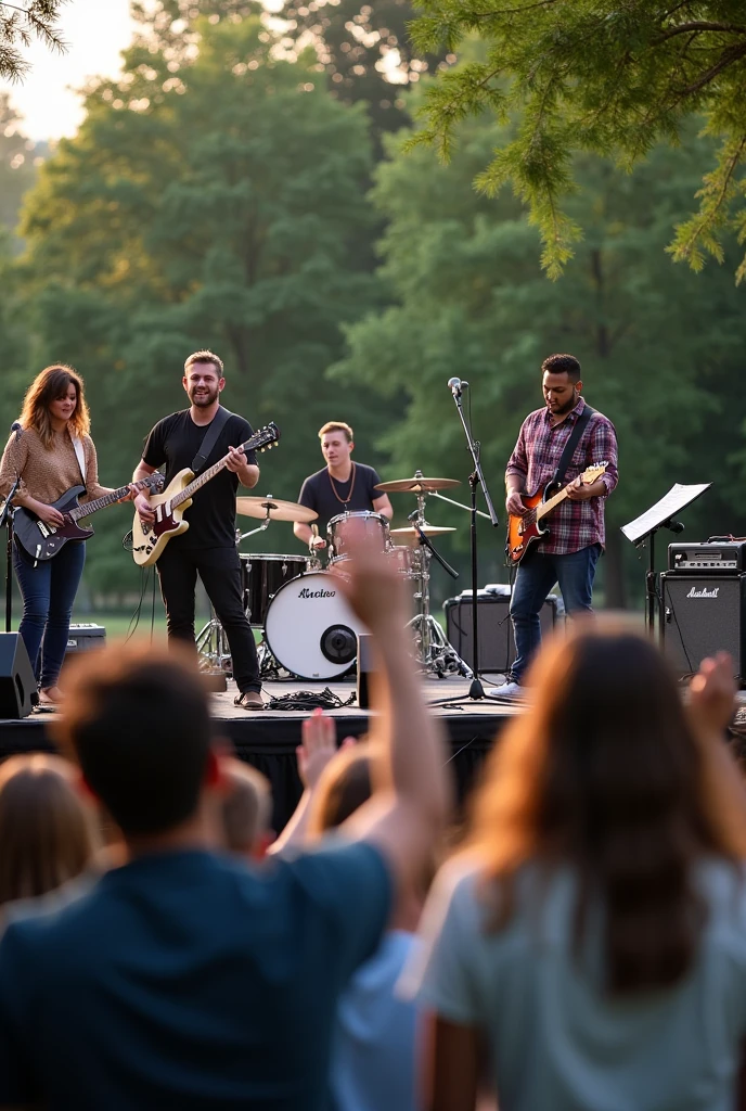 Photo from the audience Christian music performance Christian music group Various instruments 4 young musicians Electric guitar Bass Drummer Keyboard High image quality Outdoors 2 people from the audience have their hands raised At 11am In a park Musicians slightly out of focus Slight focus on the audience The musicians are on a platform and are seen full-body The entire stage can be seen Various instruments Speakers and microphones
