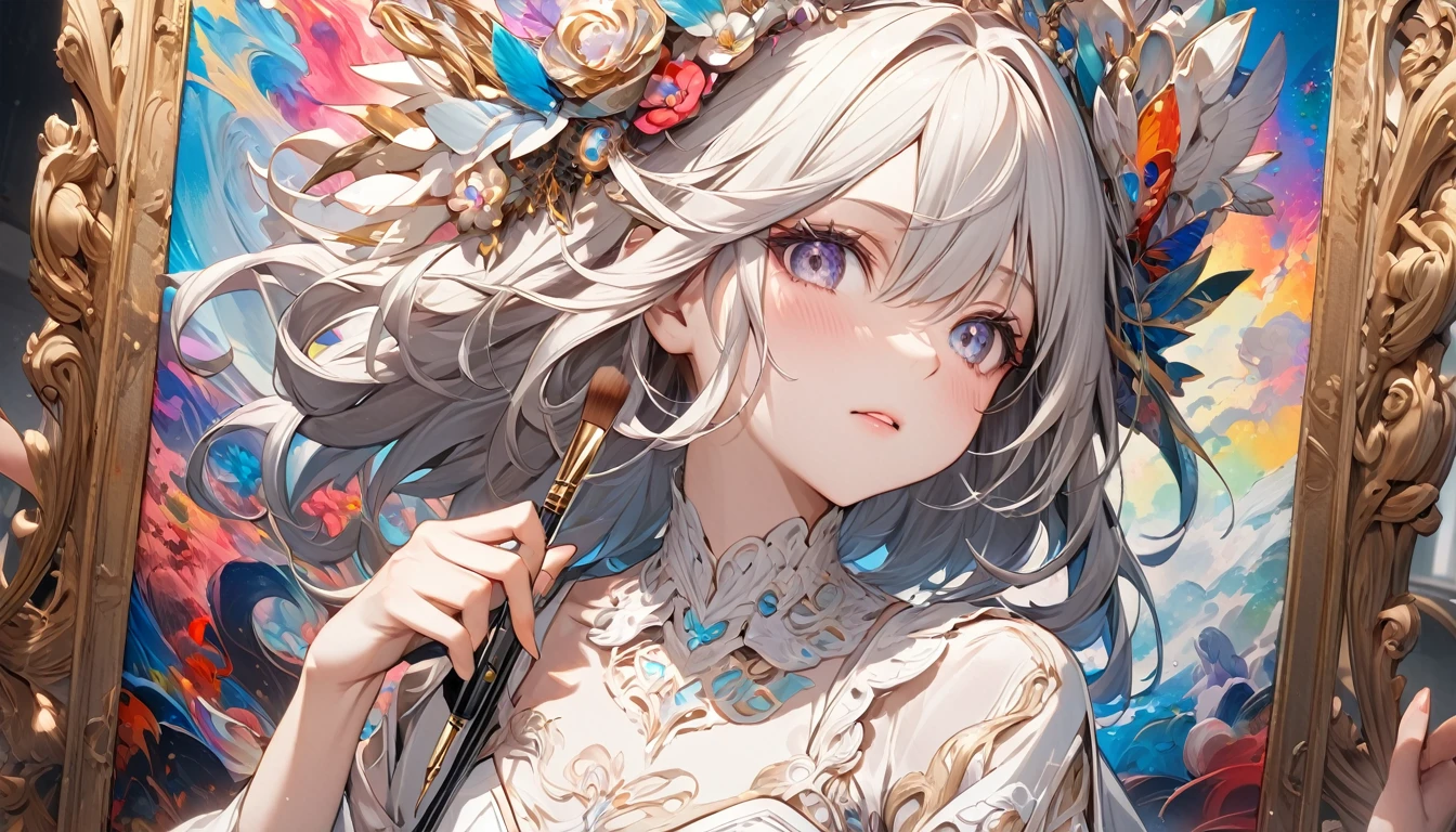 **331. One person。Personification of the canvas。The canvas is an embodiment of creativity and expression.。Cowboy shot or close-up。
masterpiece, best quality, ultra detailed (Detailed fingers), (Emotional), (Breathtakingly beautiful),
(main part: 1.2 Whole body。), (Anime Style), (Very detailed), (Canvas Personification),
(超High resolution, High resolution), (8k), (High resolution: 1.2), (Complex and beautiful: 1.2)**
- background: Art Studio、Unfinished paintings are displayed around the room.。
- Personification: Young woman, around 1、Wearing a dress reminiscent of white canvas fabric。
-pose: Put your brush to the canvas、A photo capturing the moment of painting。
-expression: A serious expression of concentration on creation。
- Effects: The colors on the dress shine、Effects that express the power of creativity。
-color: White and pastel colors、A color that symbolizes creativity and endless possibilities。