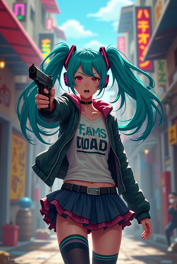 Hatsumi Miku wearing a fangirl outfit in the favela with a gun.