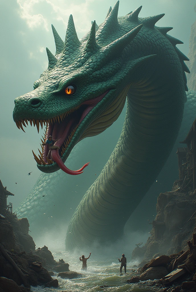 A realistic giant snake with multiple heads saving people by carrying them on top of its heads to the surface