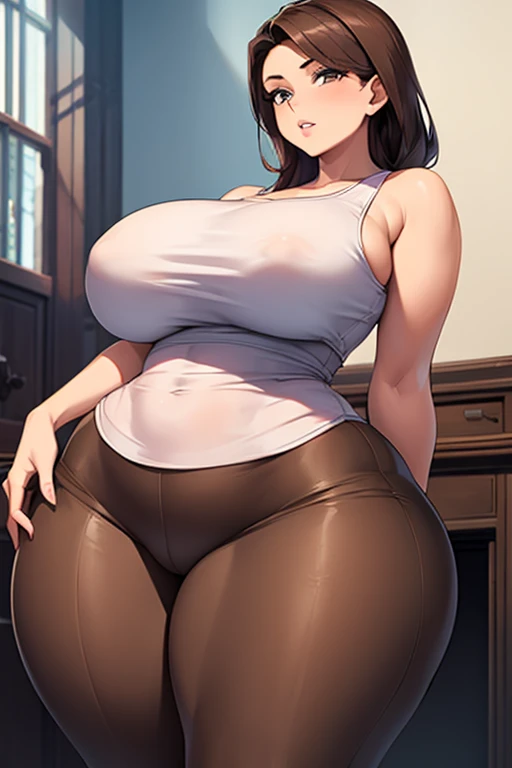 (best quality), (masterpiece), 1 girl, early 20's, huge heavy breasts, busty, massive breasts, thick, thick lips, wide hips, thin waist, wearing pink tank top, wearing brown skirt, wearing black leggings