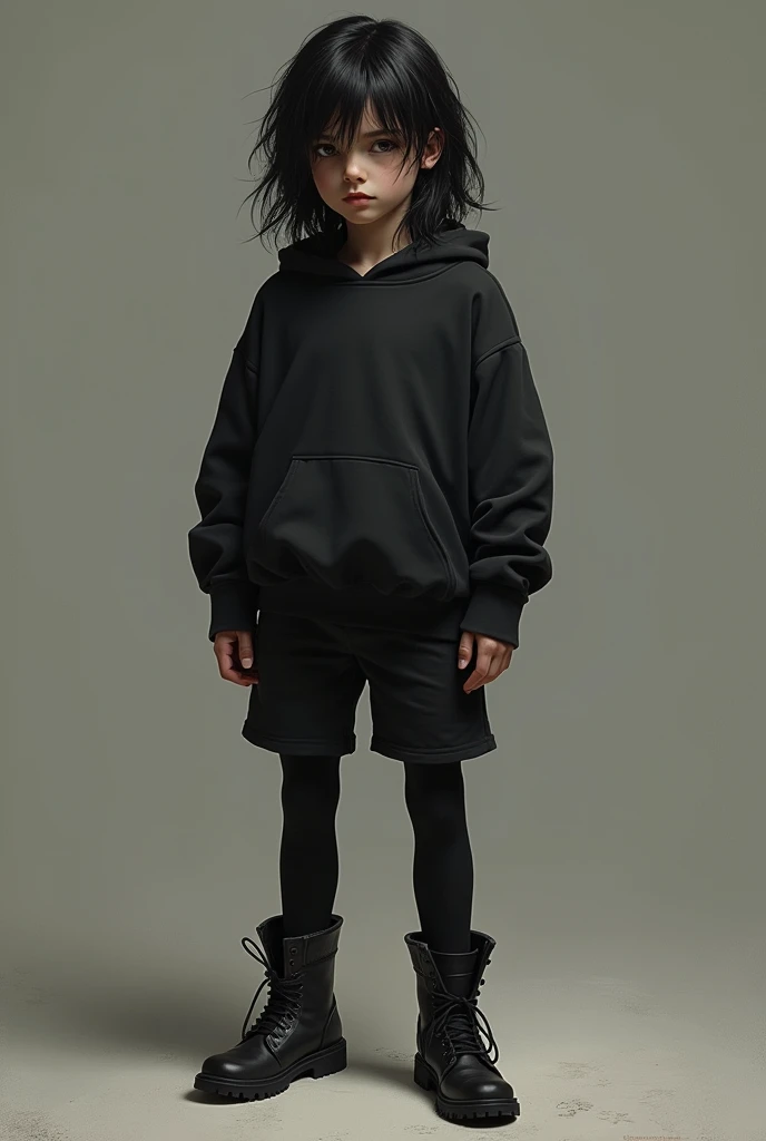 A gith boy with shoulder-length hair and a black sweatshirt, black leggings with shorts and boots.