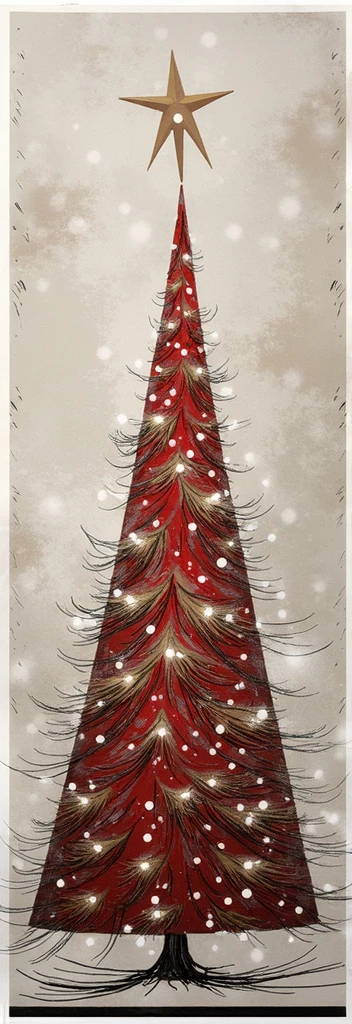 Festive Christmas Tree. This image features an artistic representation of a Christmas tree. The tree is stylized with a tapering form, broad at the base and narrowing to a point at the top, where a large star is placed. The color scheme consists of red and brown hues with white speckles scattered throughout, giving the impression of snow or lights on the tree. The background is a light color with subtle splashes and flecks that suggest a festive atmosphere. This image captures the essence of holiday decorations and festivities through its use of traditional Christmas colors and motifs.