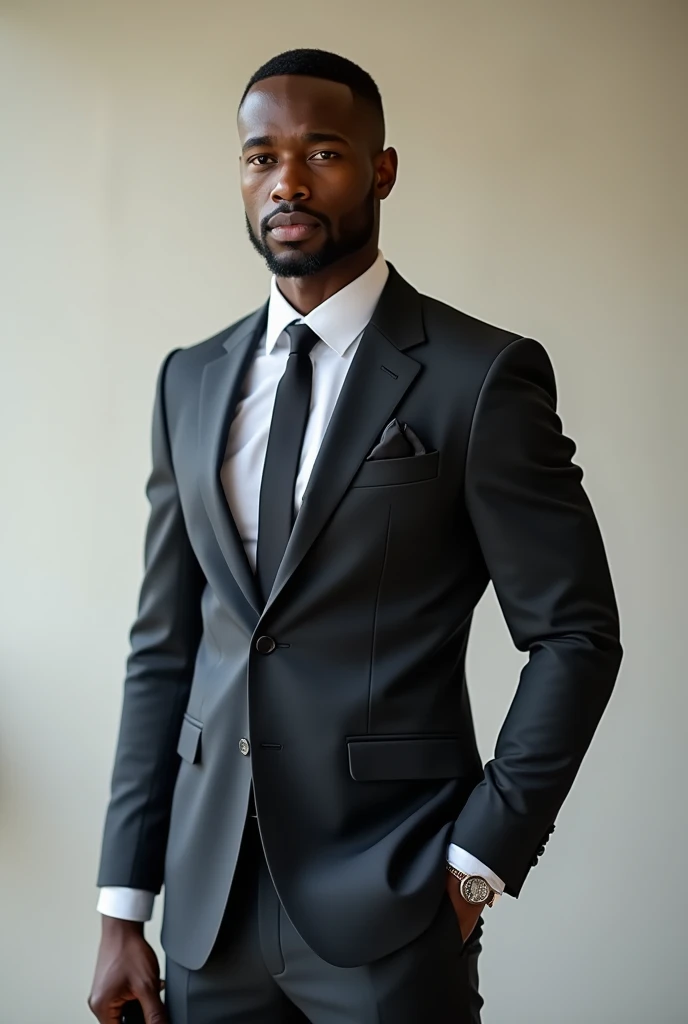 A black man in a smart suit with a taper