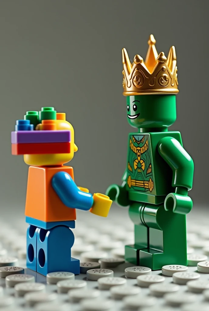 Create a blue, yellow, orange and purple Lego character kneeling to a green Lego character with a realistic crown 
 