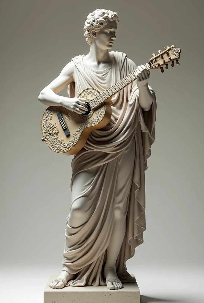 a greek stone sculpture playing a baroque guitar