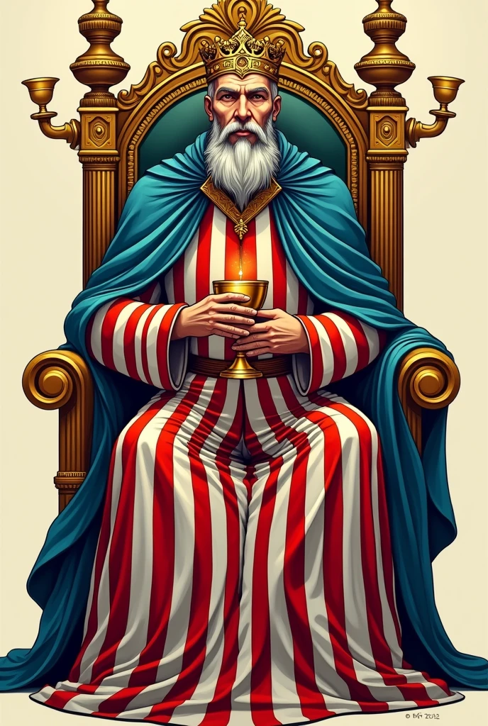 King of Cups Tattoo for Men. White and red vertical striped dress with blue cape