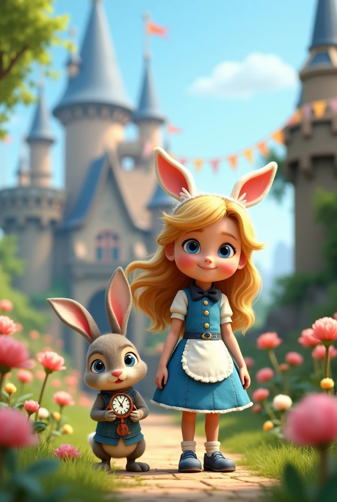 The image features a child character with long, blonde hair., blue eyes wearing a striking blue dress with white apron and a black bow. She is standing next to a white rabbit in clothes holding a clock.. The character shows off her blue shoes, that complement your outfit. Ao fundo, there is an enchanted castle with towers and flags, set in a lush green environment with flowers. The scene conveys a magical and playful atmosphere, typical of fairy tales. Real 3d pixar image