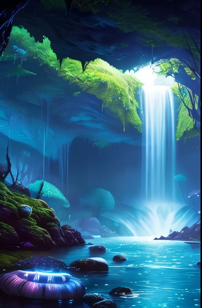 a tree in the middle of a river with a waterfall, a matte painting by Paul Lehr, cgsociety contest winner, fantasy art, beautiful fantasy cave scene, magical cave, magical environment, glowing blue mushrooms in mire, eerie shimmering surroundings, mystical forest lagoon, underwater crystal caverns, enchanting and otherworldly, watery caverns, dark fantasy environment