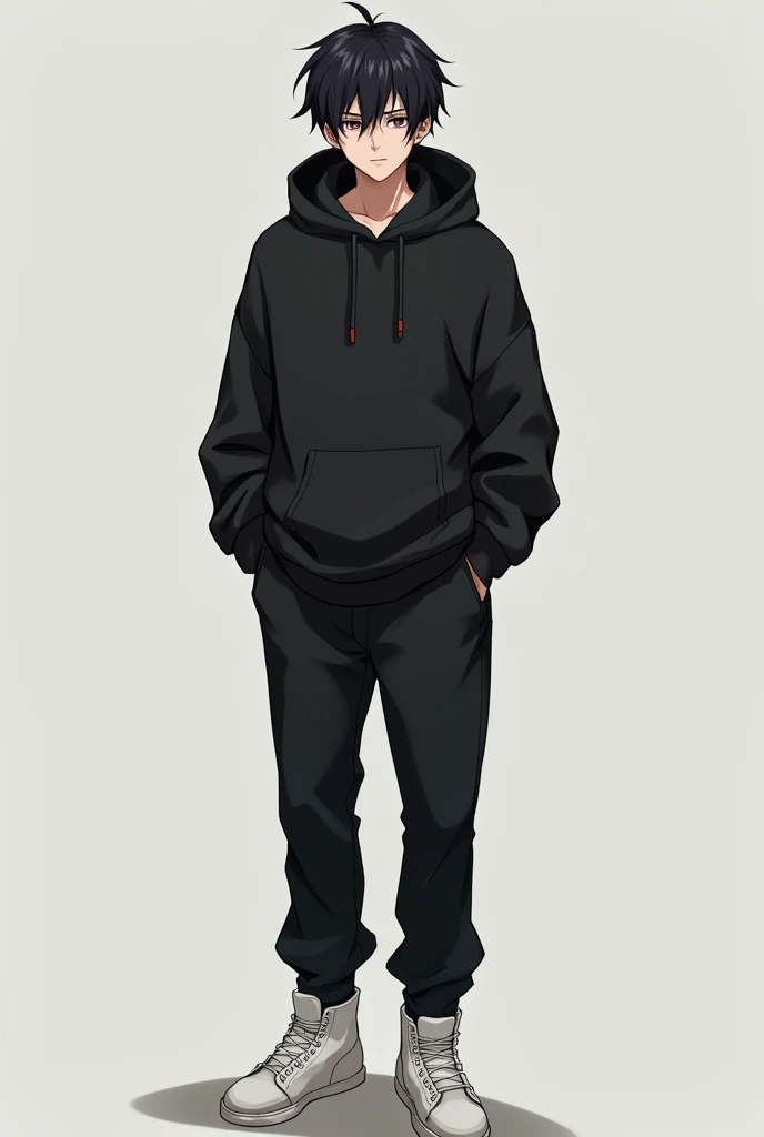 Anime handsome boy black hoodie black pant white sneakers little scratch in face black eye