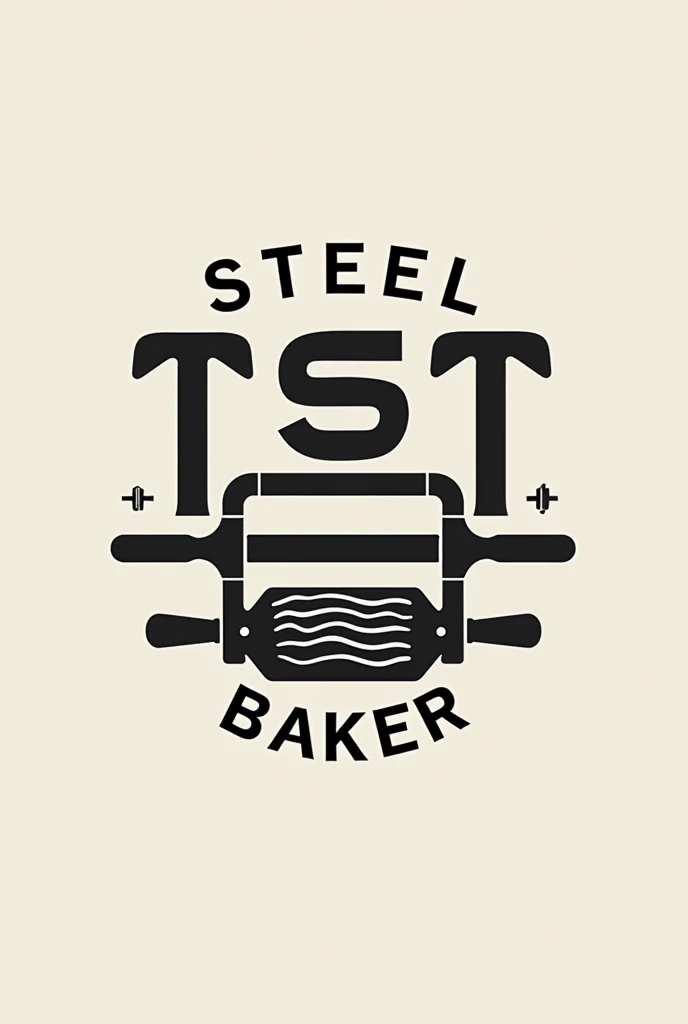 Make a blank logo, gray and black that says "Steel Baker" with minimalist letters that look like ancient symbols, that below the letters a baking roller and in the background it has a dumbbell disk