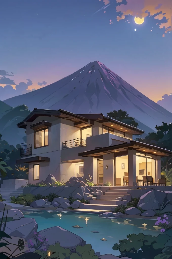 small and beautiful modern house in top of big boulders, terraces, pool, stairs, multiple cacti gardens, palms, trees, rocks, beautiful landscape design, mountains and volcano y background, amazing clouds, sun, moon, planets, milky way galaxy, concrete, wood, glass and steel materials, olive green, violet, orange and withe colors in facade