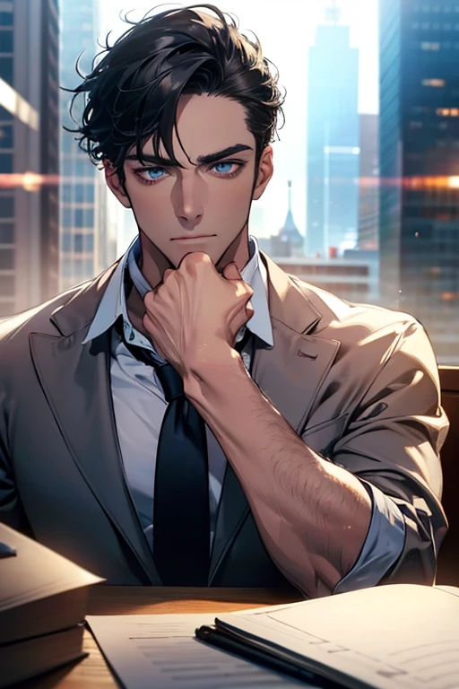 (Best Quality,4k,8k,high resolution,Masterpiece:1.2),ultra detailed,(realist,photorealist,photo-realist:1.37),1 man,31 years,mature man,very handsome,without expresion,muscled body,short gray black hair,Blue eyes,glare,perfect face without mistakes,imposing posture,businessman,office background,cinematic lighting,imagen HDR