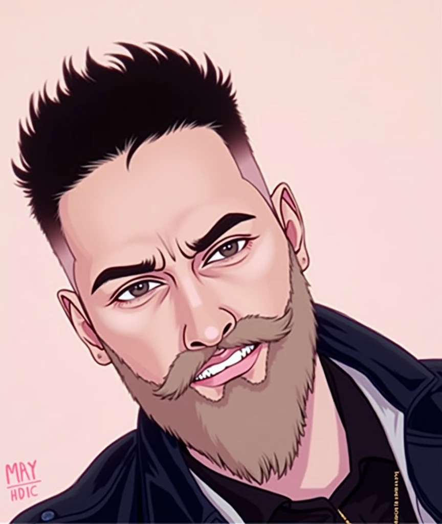 Add a beard to my face and put a black coat on me, ripped jeans and boots