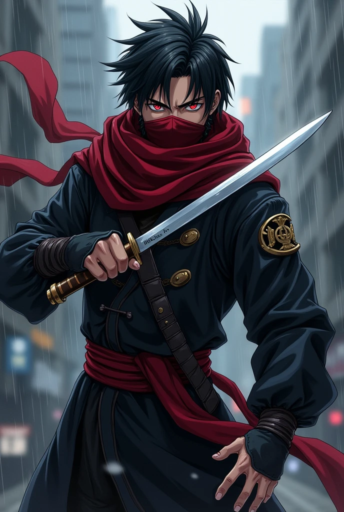 An anime character;
A man with brown skin, Bblack hair, Eyes red, short beard.
Use a ninja look with assassin, black color with a long red scarf hiding her mouth and nose.
holding a knife.
in an attack pose.
background a rainy weather.