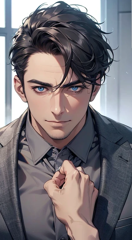 (best quality,4k,8k,highres,masterpiece:1.2),ultra-detailed,(realistic,photorealistic,photo-realistic:1.37),1 man,3,mature man,very handsome,without expression,smile,short grey black hair,blue eyes,penetrating gaze,perfect face without errors,imposing posture,businessman,office background,cinematic lighting,hdr image