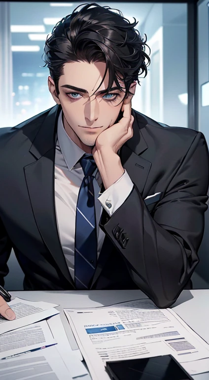 (best quality,4k,8k,highres,masterpiece:1.2),ultra-detailed,(realistic,photorealistic,photo-realistic:1.37),1 man,3,mature man,very handsome,without expression,smile,short grey black hair,blue eyes,penetrating gaze,perfect face without errors,imposing posture,businessman,office background,cinematic lighting,hdr image