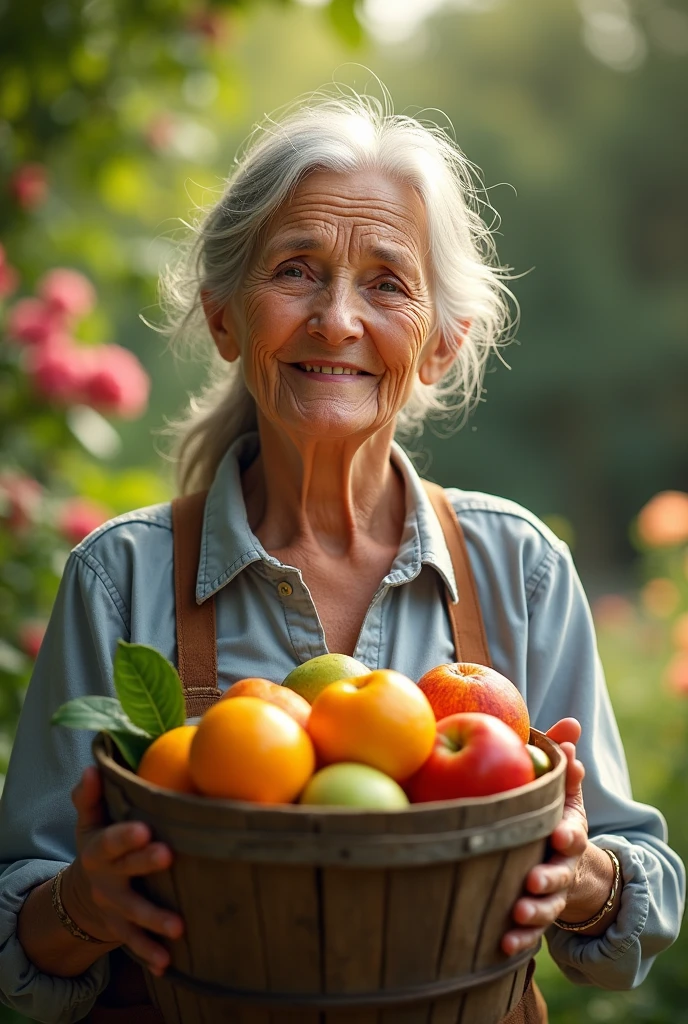 (image of an elderly woman with silver hair and gentle wrinkles, smiling warmly with a teary eye as she holds a bucket filled with a variety of fresh fruits. She is standing in a sunny, outdoor garden with greenery and flowers in the background."
