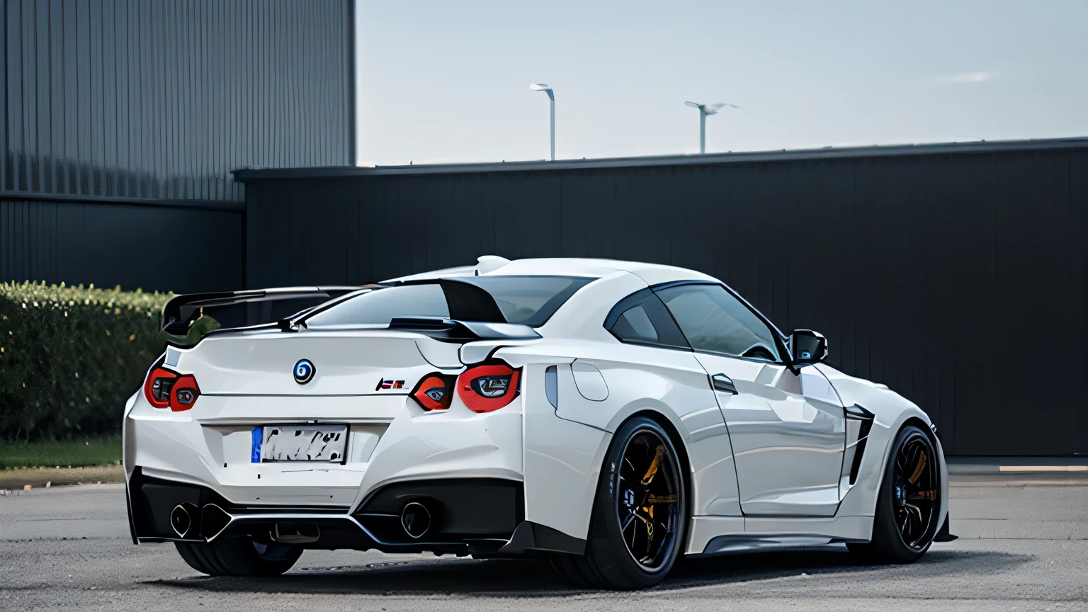 Masterpiece, top quality, high quality, high detailed, Super car, coupe car, (by bmw, by Nissan gtr), white color, black wheels color, black spoiler, stock, (parking on white showroom background, daytime, no one, smooth, back view, low fov)