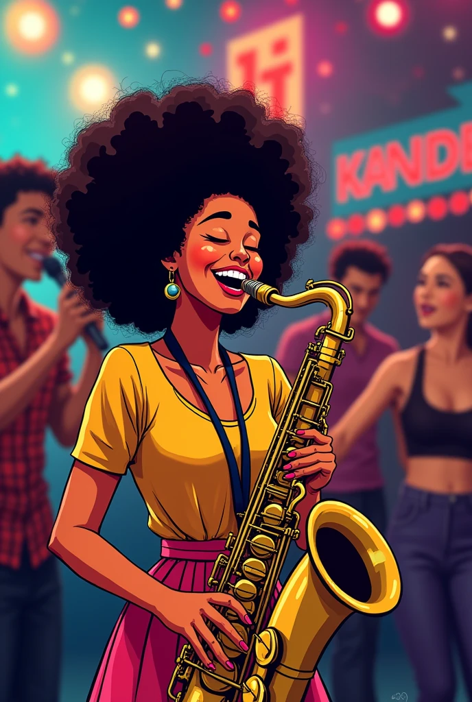 A Japanese woman with voluminous afro hair and a warm smile is playing the saxophone,joy,Background of audience dancing at live music venue, Pixar.comics