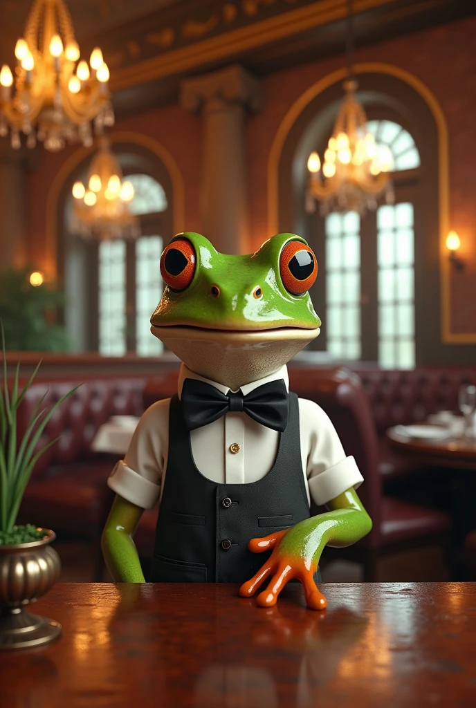 Frog anthropomorphism,waistup(hand gun),Tattooed with,(smoking pipe,whiskey),Private bar。
