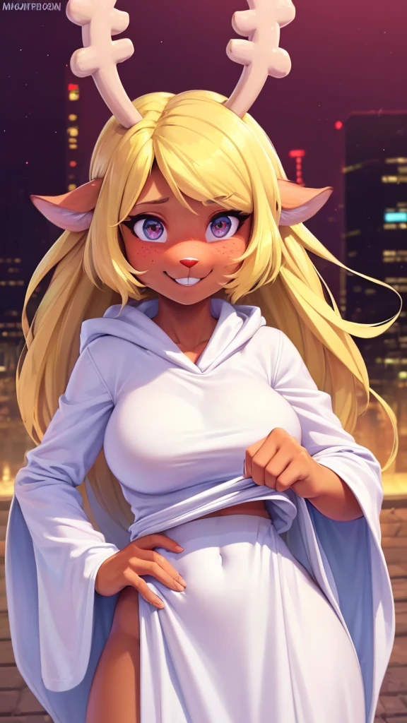 (noelle, furry female anthro, blonde hair, deer girl, red deer nose, white eyes, white pupils, white robe, hooded robe, big breasts, midriff), hands on hips, green neon city, smiling, three-quarter view, blushing